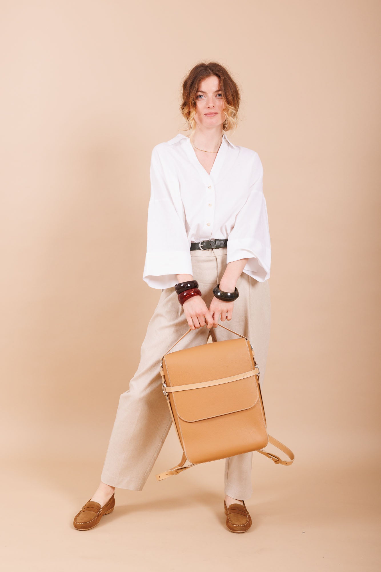 Sac à dos en cuir beige