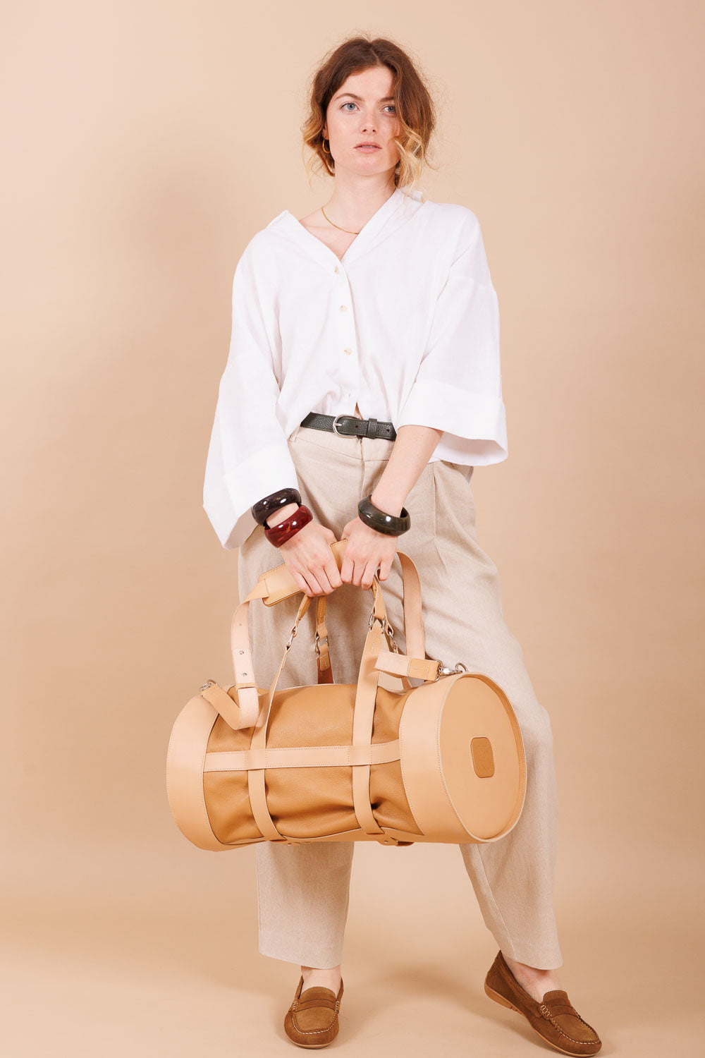 Sac de voyage en cuir beige