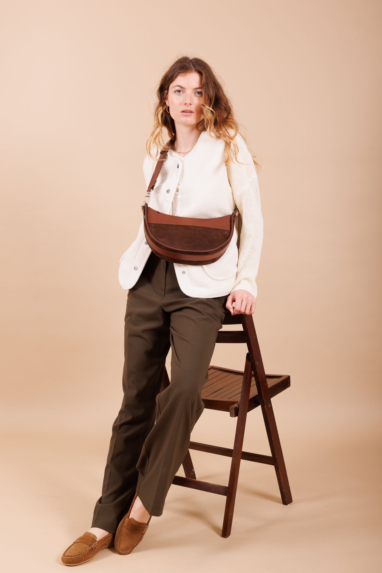 Sac à main en cuir et velours marron femme