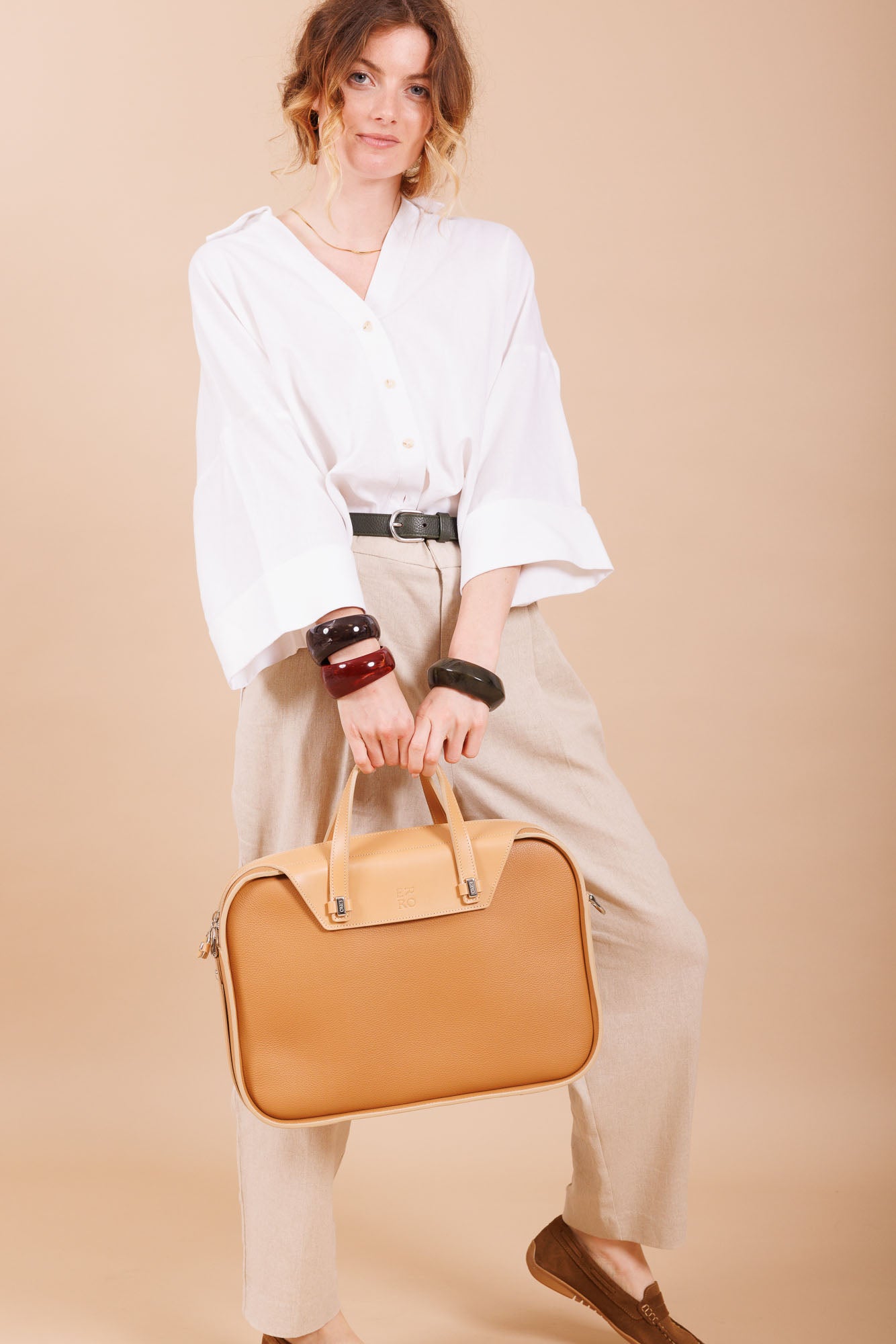 Sac business en cuir beige femme