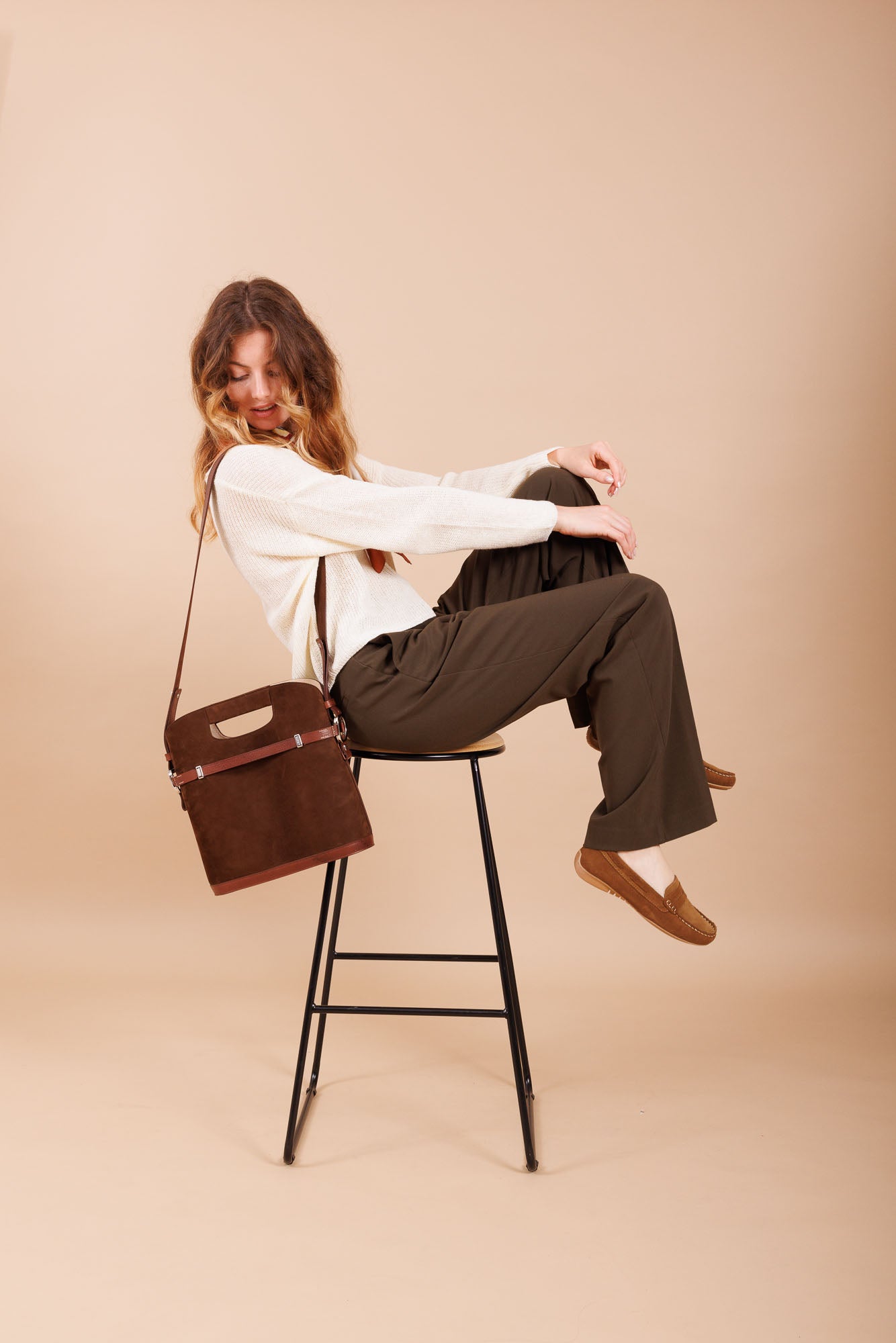 Sac à main en cuir et velours marron femme