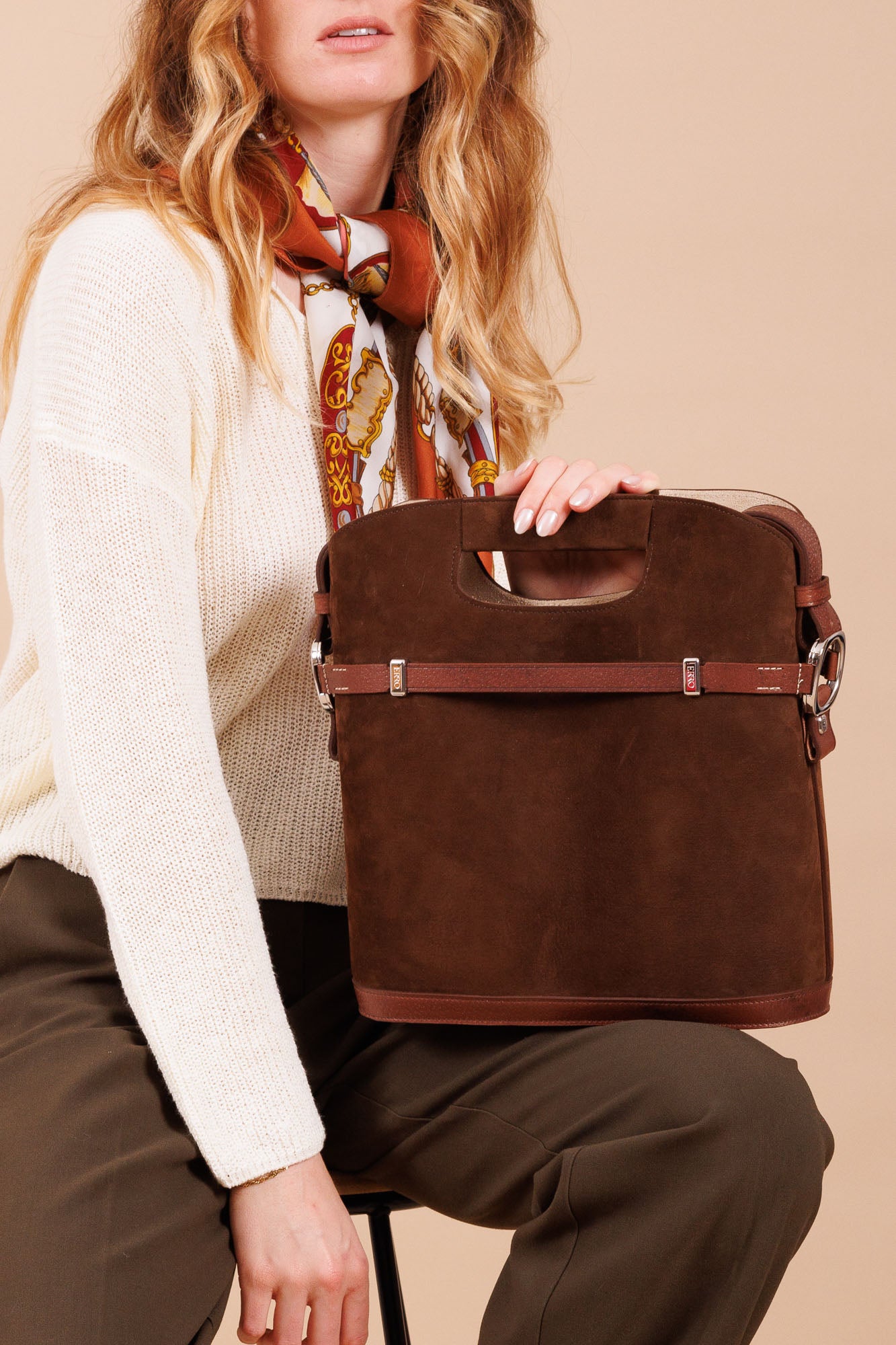 Sac à main en cuir et velours marron femme