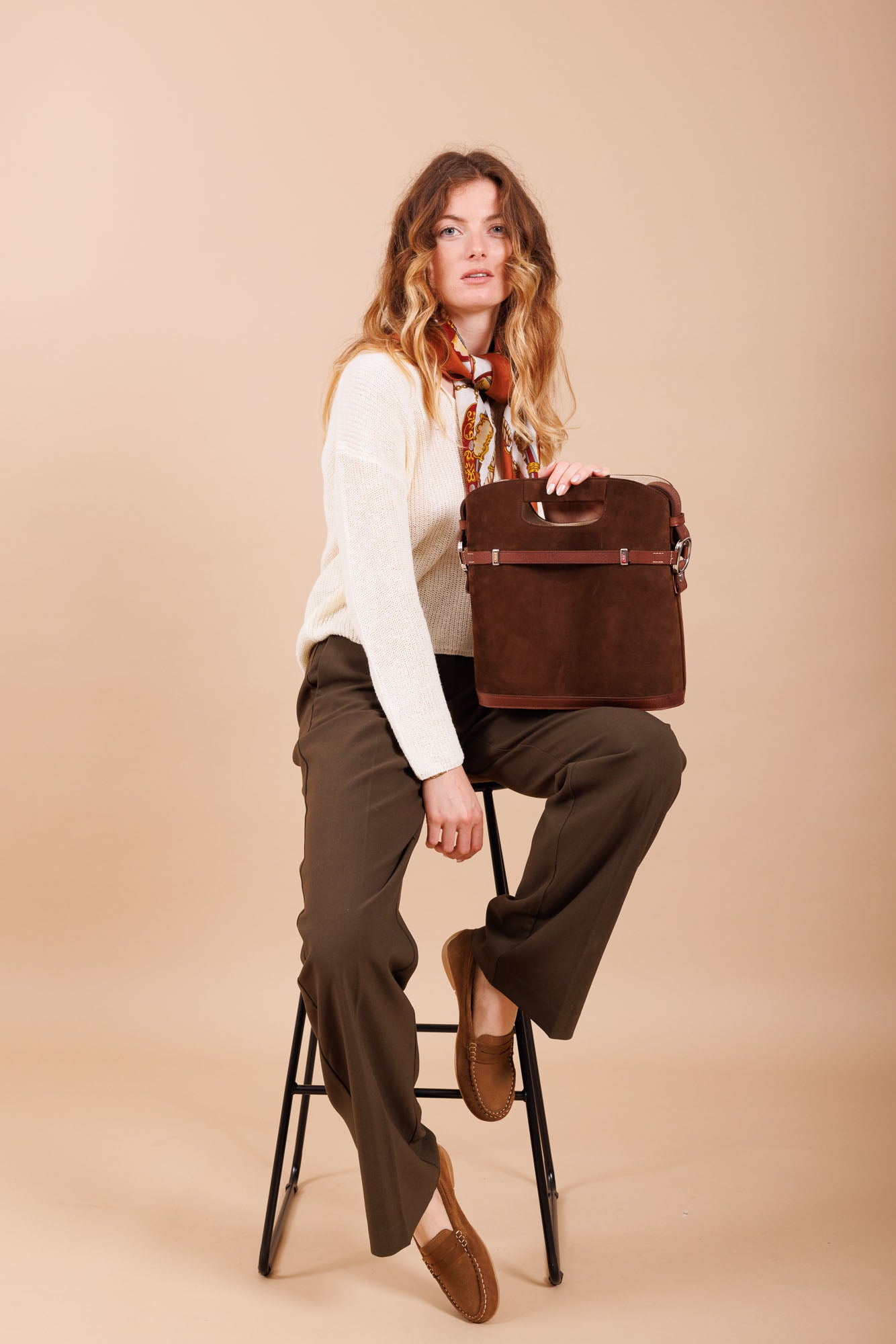 Sac à main en cuir et velours marron femme