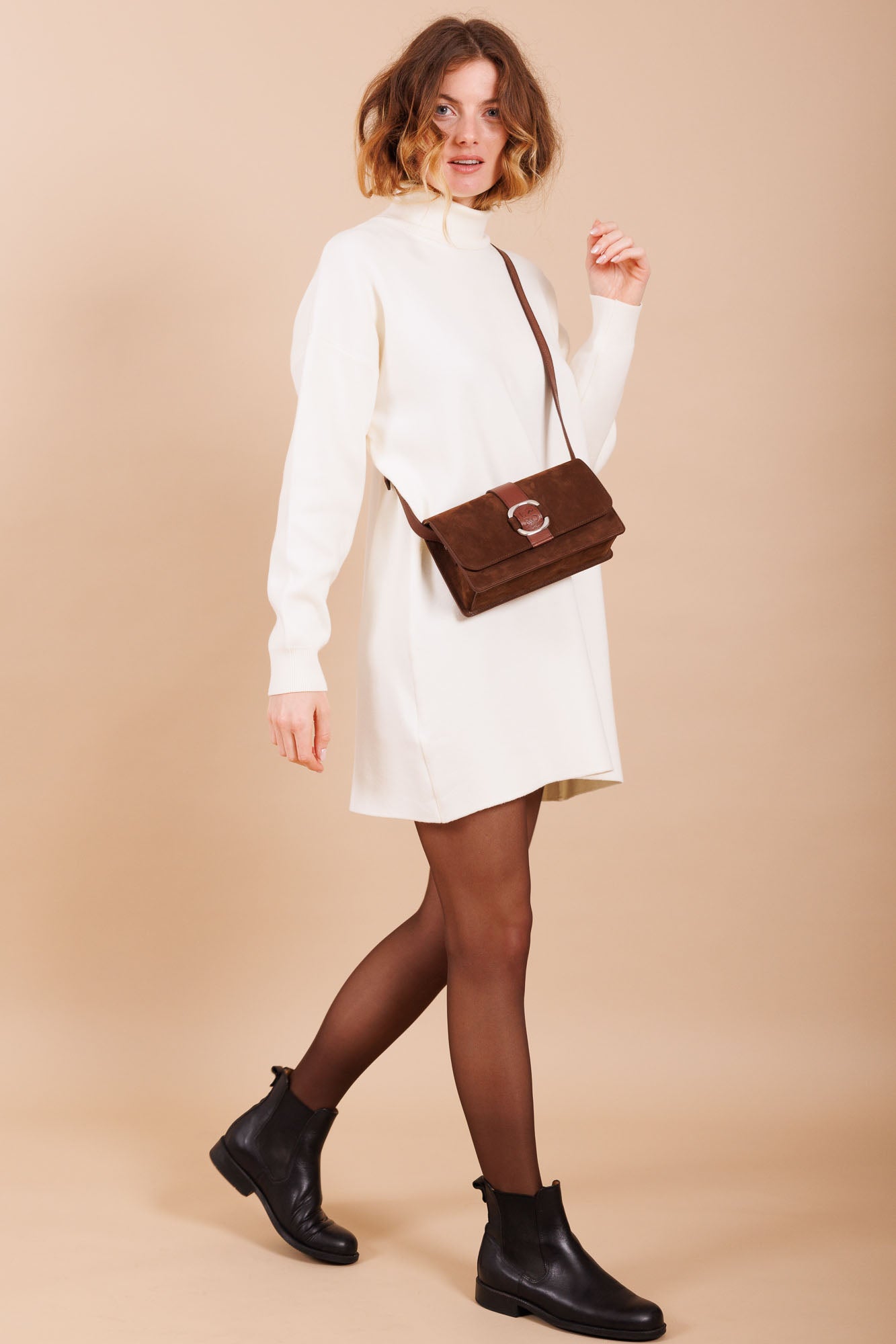 Sac à bandoulière en cuir et velours marron femme