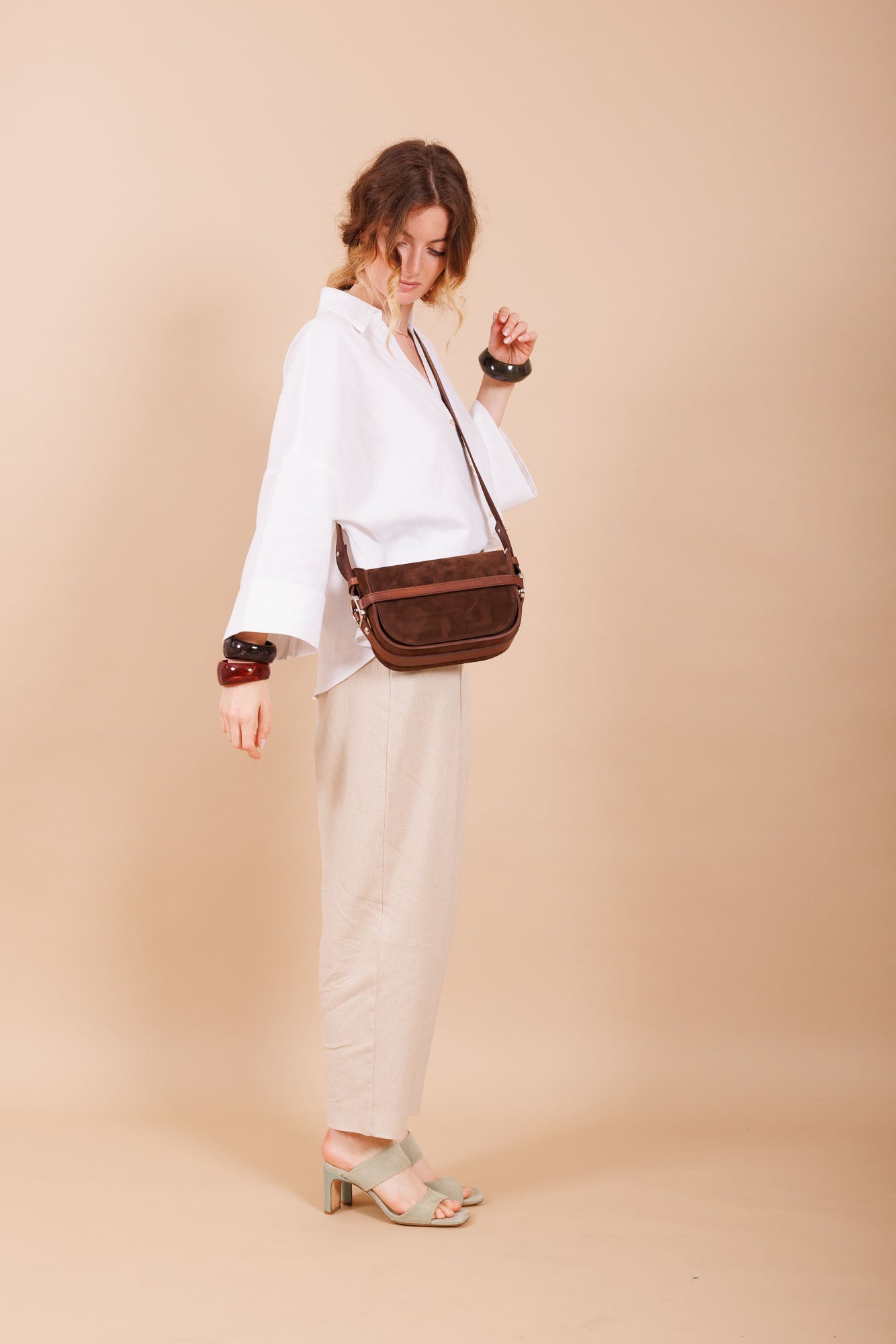 Sac à main en cuir et velours marron femme