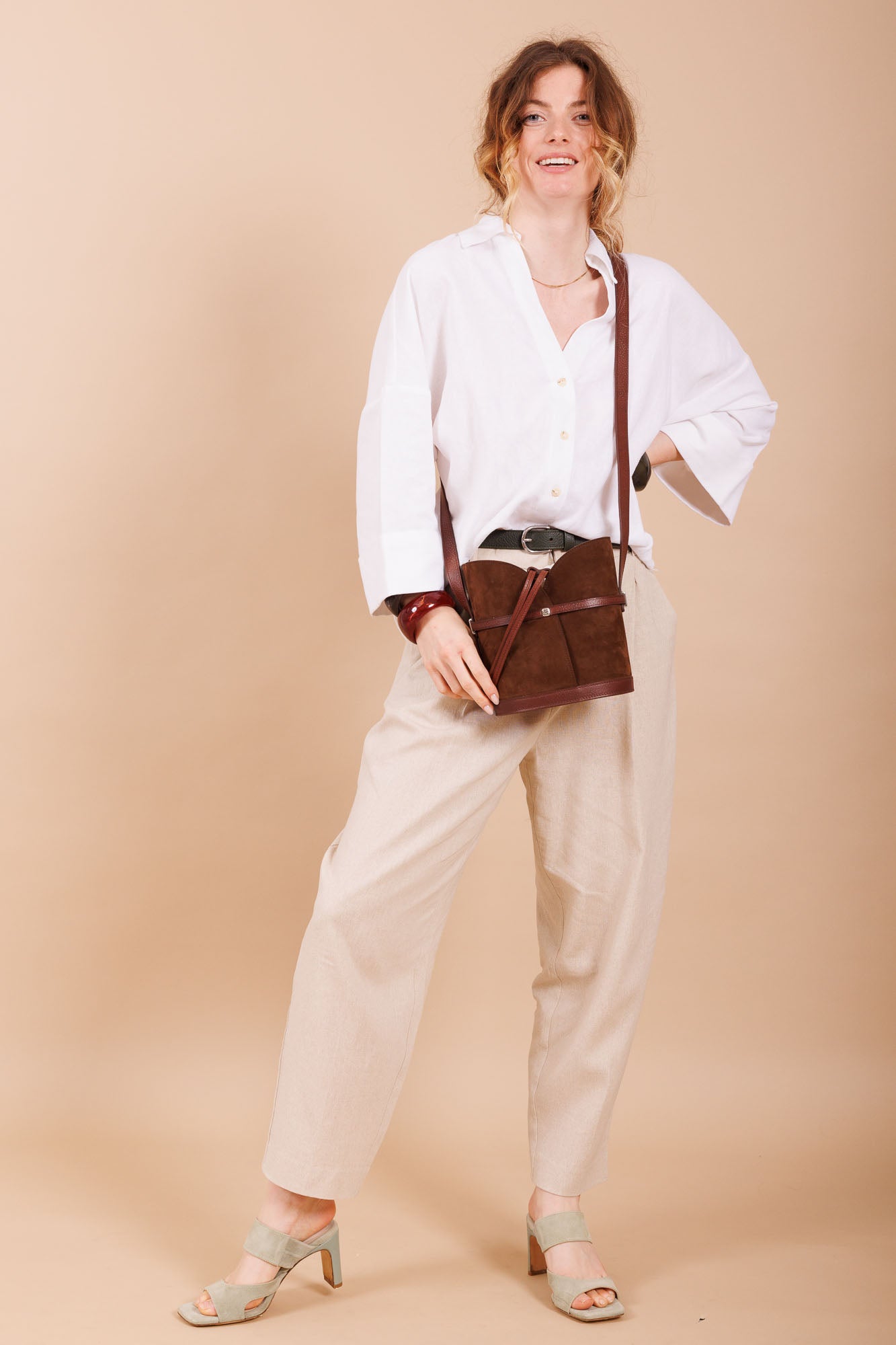 Sac à main en cuir et velours marron femme