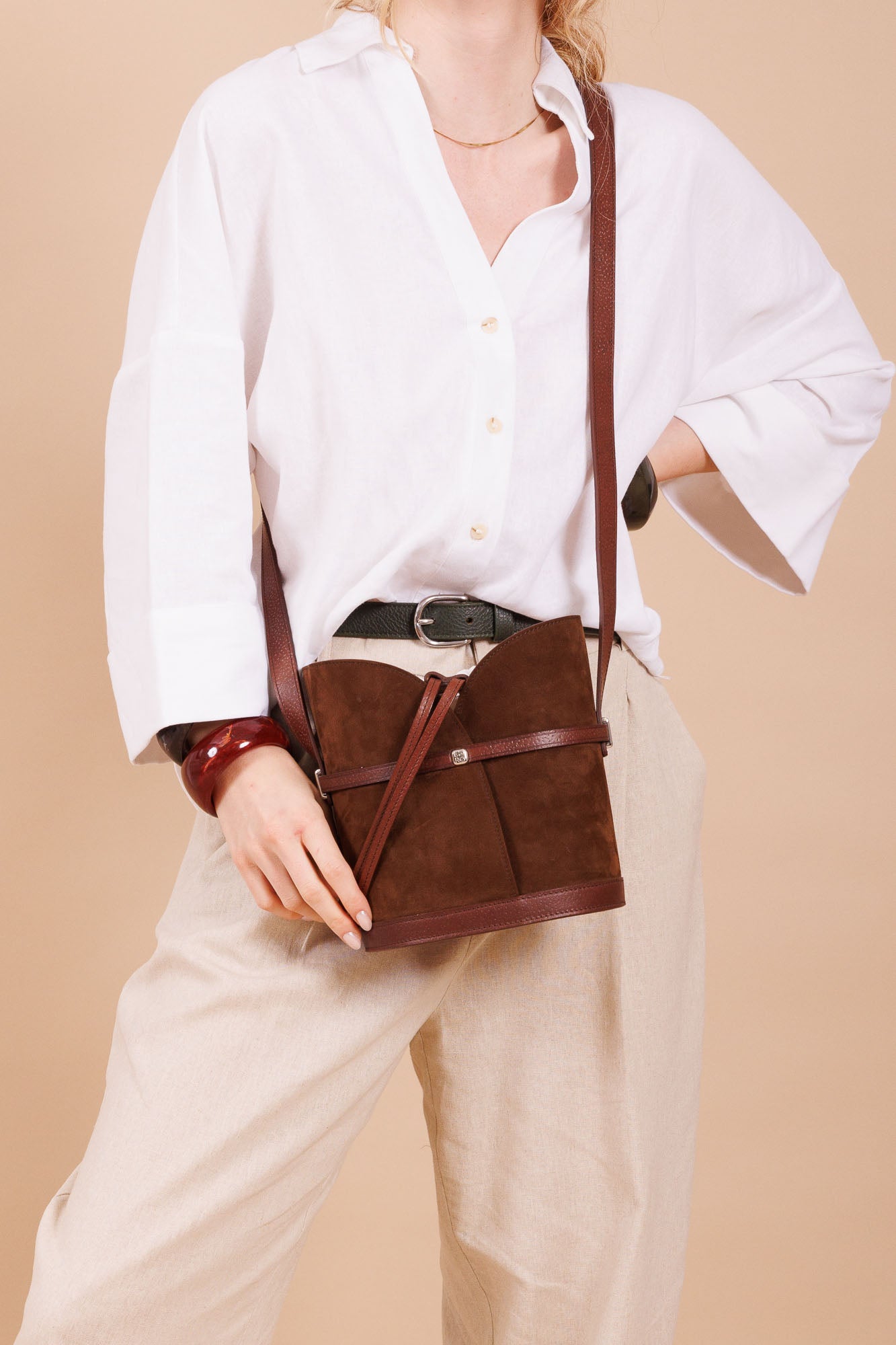 Sac à main en cuir et velours marron femme